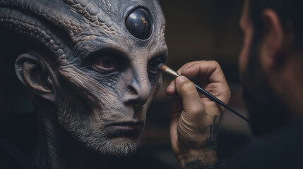 Movie makeup artist applying prosthetics face of alien to actor with intricate details of makeup concept of special effect science fiction transformation and film production process  