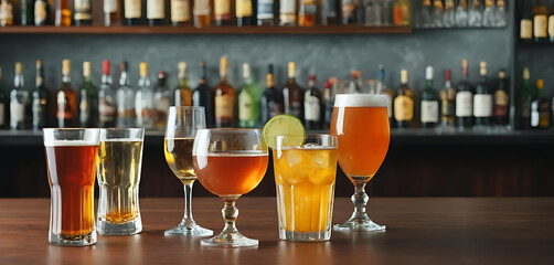 Different alcohol drinks on table in bar