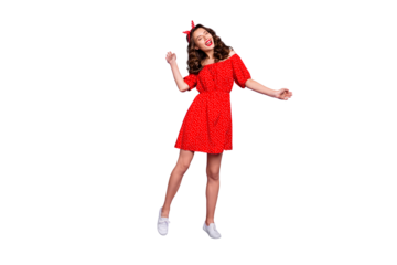 Full length photo of pretty lady earning dancing queen status wear off-shoulders dress isolated purple background