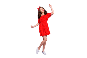 Full body photo of pretty lady earning dancing queen status wear off-shoulders dress isolated purple background