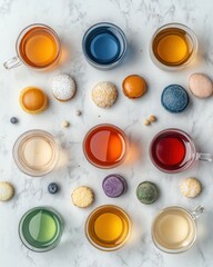 Colorful assortment of beverages and cookies arranged on a marble surface, inviting taste