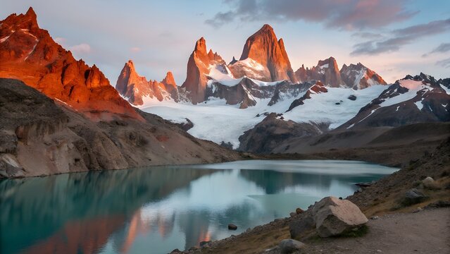 Sunrise over fitz roy mountain range and laguna