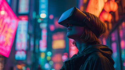 Young Person Immersed in Neon Virtual Reality City