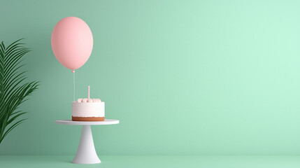 Minimalist birthday scene with a single balloon tied to a tiny cake on a pedestal, pastel backdrop and empty space for text