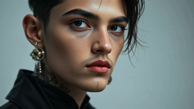 Androgynous young model with sleek dark hair and intense gaze on solid blue-gray background. Concept of modern fashion and gender fluidity