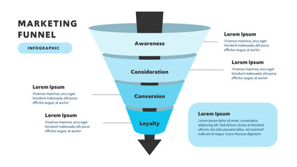 3D Style Blue Marketing Funnel Infographic With Highlighted Sections