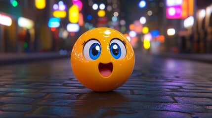 Joyful Emoji on a Tranquil Urban Pavement Illuminated by Atmospheric Streetlights at Night