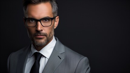 perfectly composed portrait of a businessman wearing glasses and a sleek graye  suit 
