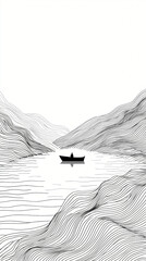 Minimalist geometric totem landscape, bird's-eye view of a small boat on the lake surface, simple line drawings