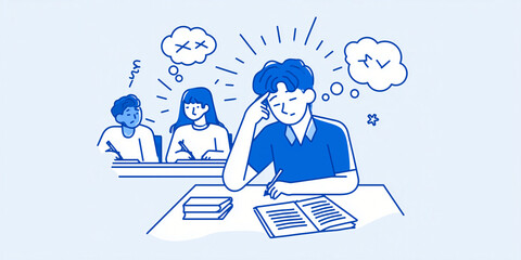 a student implementing anxiety management techniques during a test, showing self-talk, breathing, and focus strategies. 