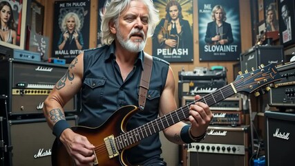 Elderly man with white beard passionately playing electric guitar in studio filled with music posters. Concept of musical performance and passion - Powered by Adobe
