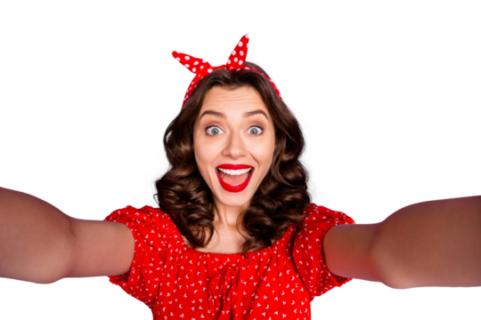 Closeup photo of pretty lady making selfies wear red dress isolated purple background