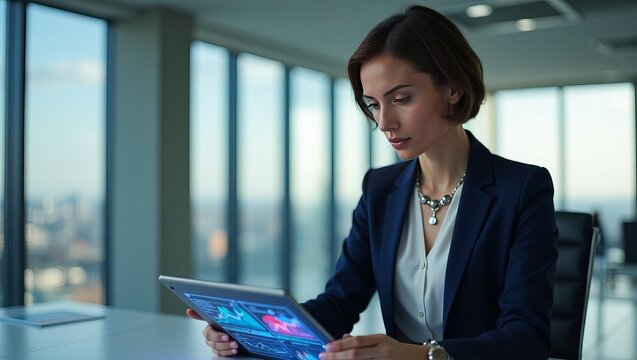 A focused woman in business attire analyzing data on a tablet in a modern office environment.
