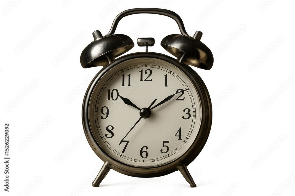 Poster classic alarm clock with bells showing the time against a transparent background, perfect for time m