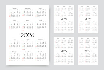 2026, 2027, 2028, 2029, 2030 years calendars. Calender templates. Organizer with 12 month in English. Week starts Sunday. Scheduler layout. Simple planner. Portrait orientation A4. Vector illustration
