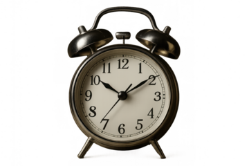 Classic alarm clock with bells showing the time against a transparent background, perfect for time management and scheduling visuals