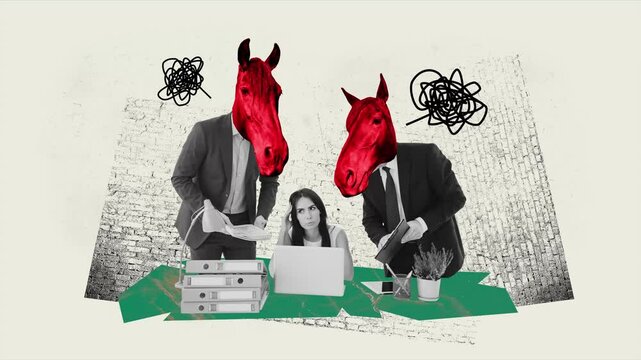 Motion pop art collage video of puzzled girl sit workplace horse head tension