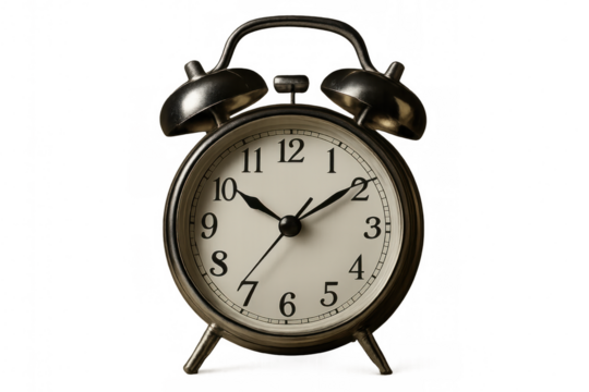 Classic alarm clock with bells showing the time against a transparent background, perfect for time management and scheduling visuals