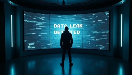 Silhouetted figure studies a digital display warning of a data leak, embodying a sense of urgency and concern.