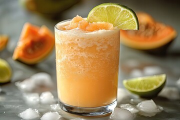A tropical papaya smoothie blended with coconut milk and lime juice, garnished with a slice of papaya