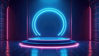 Fototapeta premium Neon Circle Stage with Pink and Blue Lights