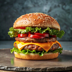 Close-up of a delicious double cheeseburger on a dark stone plate.