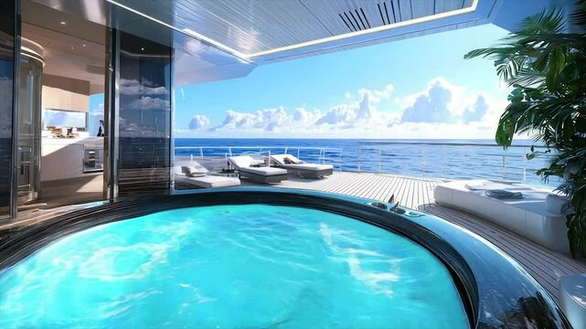 Luxury yacht's aft deck jacuzzi overlooking ocean