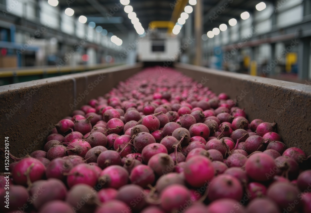 Poster workers loading sugar beets onto a conveyor belt in a processing facility