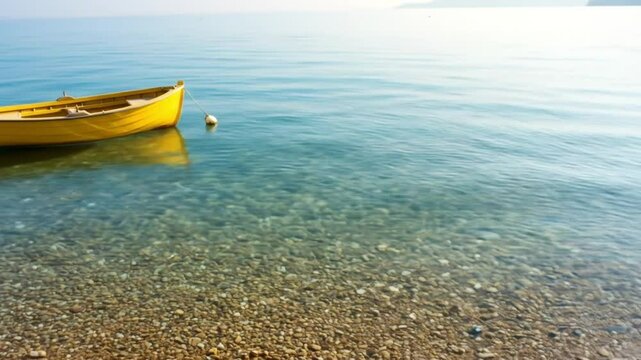 A yellow rowboat floating on the clear blue water near a pebble beach on a bright and sunny day scene