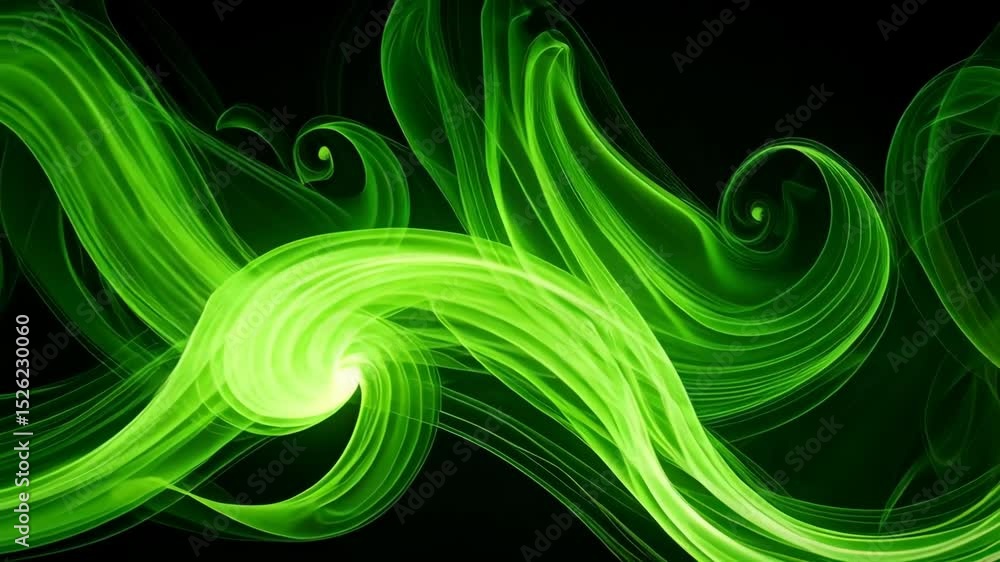 Poster swirling vibrant green smoke forming wavy patterns against dark backdrop, creating flowing ethereal 