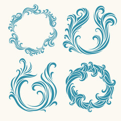 Rich decorative set of stylized wave elements and round frames. Elegant swirls in baroque and marine style for abstract compositions, packaging, or branding design