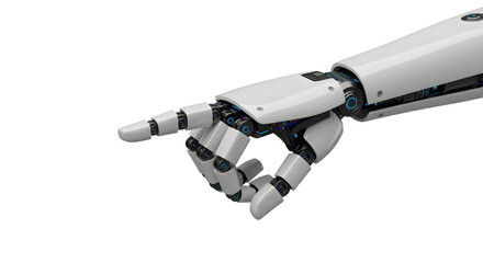 A sleek robotic hand points confidently, set against a clean backdrop, with precise metallic detailing and futuristic technology.