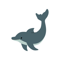 Simple flat illustration of a dolphin, depicted mid leap with a curved body and a friendly expression. Clean design with soft colors, ideal for educational and ocean themed materials. Vector