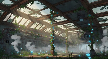Overgrown Industrial Interior with Glowing Plants