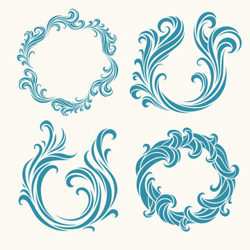 Rich decorative set of stylized wave elements and round frames. Elegant swirls in baroque and marine style for abstract compositions, packaging, or branding design
