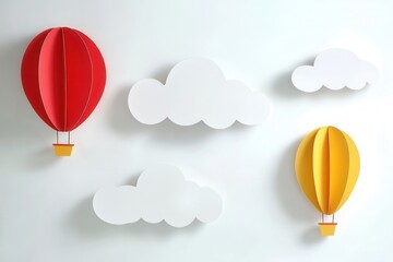 Colorful paper hot air balloons and clouds create a playful atmosphere in a bright room