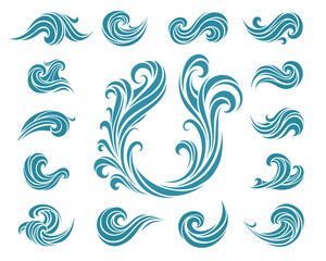 Set of stylized vector wave elements in various curved shapes. Decorative swirls and ocean-inspired motifs for marine design, logo elements, and abstract compositions