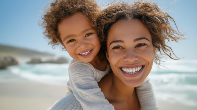 Joyful beach day with mother and daughter on piggyback ride