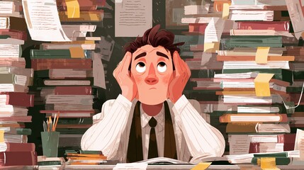 Overwhelmed by paperwork. A cartoon style depiction of someone submerged in a chaotic mountain of documents. Stress and work overload are obvious.