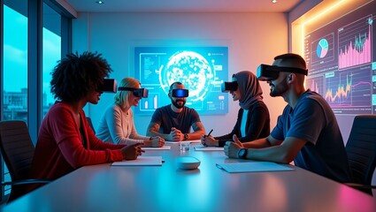 A diverse group of four individuals, including a woman in a hijab, engaged in virtual reality discussions in a modern office setting.
