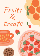 Strawberries in Bowl with Orange Fruits, Cookie and Cup of Tea. Fruit and Dessert Concept. Hand drawn doodle composition in flat vector style. For greeting card, menu, print.