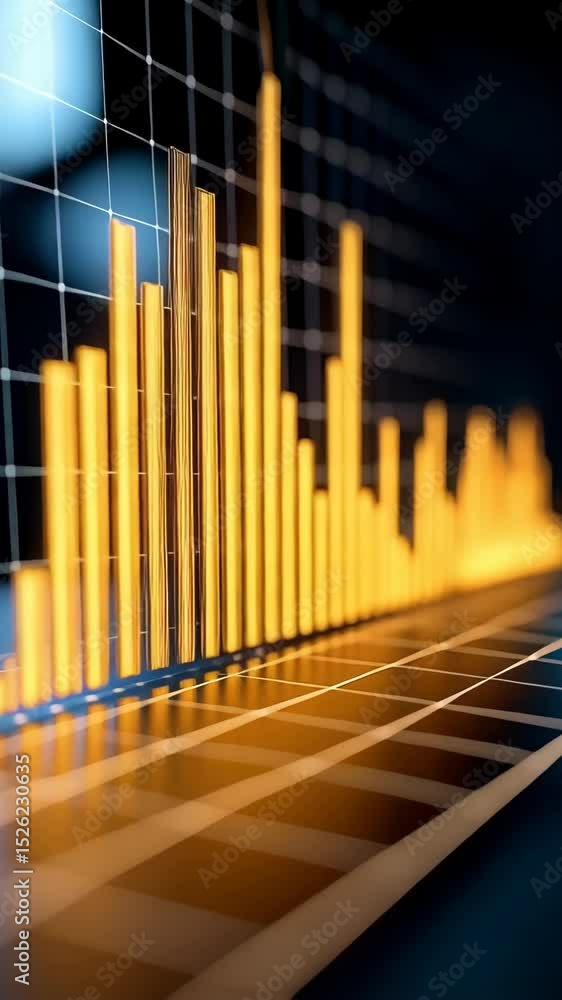 Poster dramatic digital diagram showing downward economic trend with golden columns and line graph on grid 