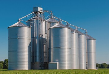 Feed storage silos with delivery pipes against a clear blue sky