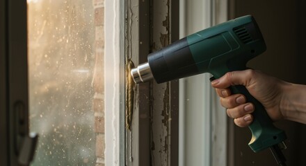 Close-up of a hand using a heat gun to remove old paint or sealant from a wooden window frame. DIY home renovation and window restoration project.