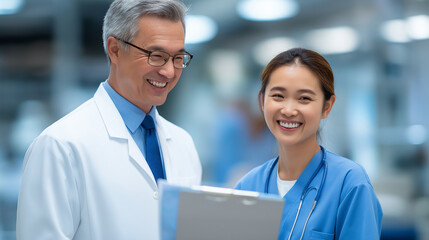 Obraz premium A doctor and nurse discuss patient therapy in a caring hospital setting