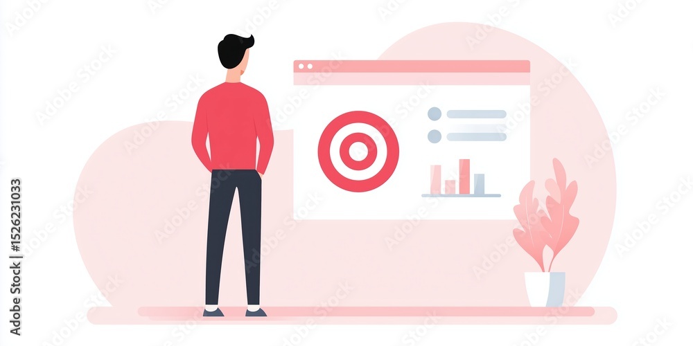 Poster man standing in front of a large screen displaying target graphics and data analytics, illustrating 