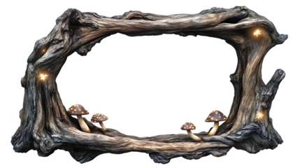 Fantasy Forest photo frame, irregular shape resembling tree roots, made of dark, gnarled wood, decorated with glowing mushrooms and tiny firefly-like lights, enchanted forest theme,