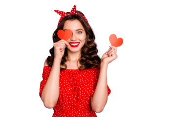 Beautiful lady hiding eye with little heart figure cards wear red dress isolated purple background