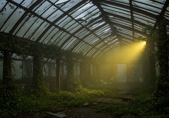 Overgrown Abandoned Greenhouse Interior with Sunbeam
