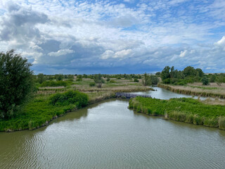 The edge of a canal in wetland in a cloudy sky in bright sunlight in springtime,  Oostvaardersplassen, Almere, Flevoland, Netherlands, June 07, 2025